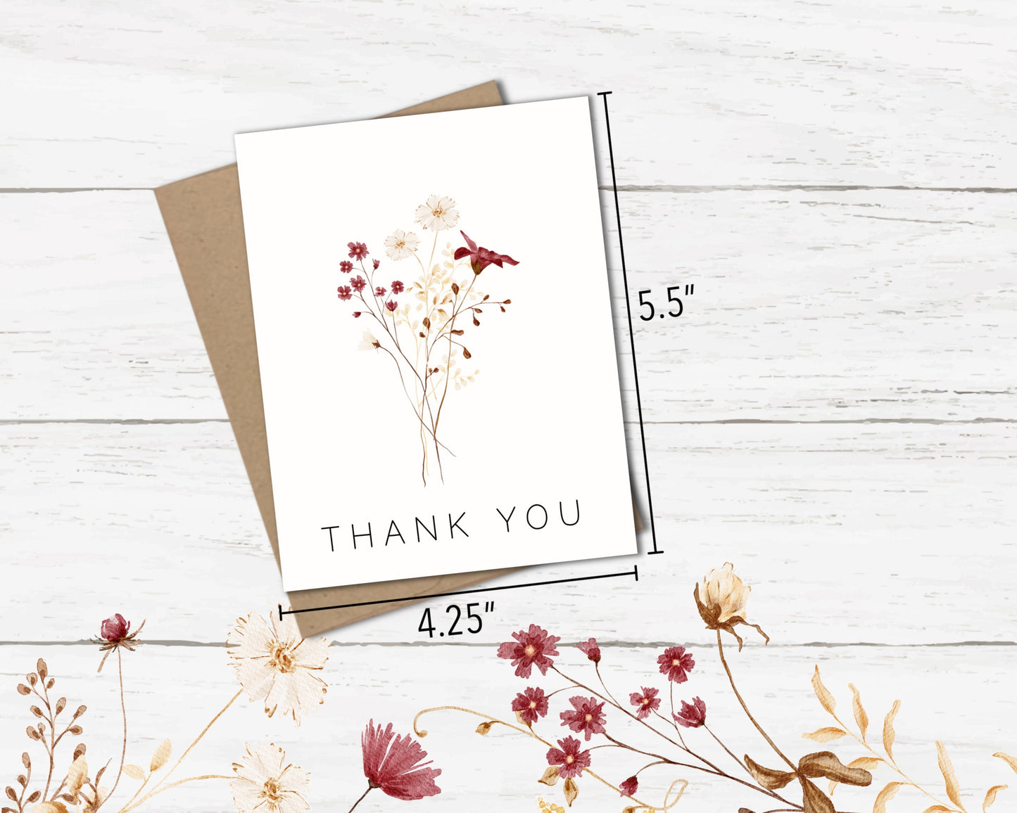 Glossy Floral Thank You Card set of 5 or 10 with Envelopes, for Friend, for Coworker, Fall Florals, Wedding Thank You Cards, Bulk Cards