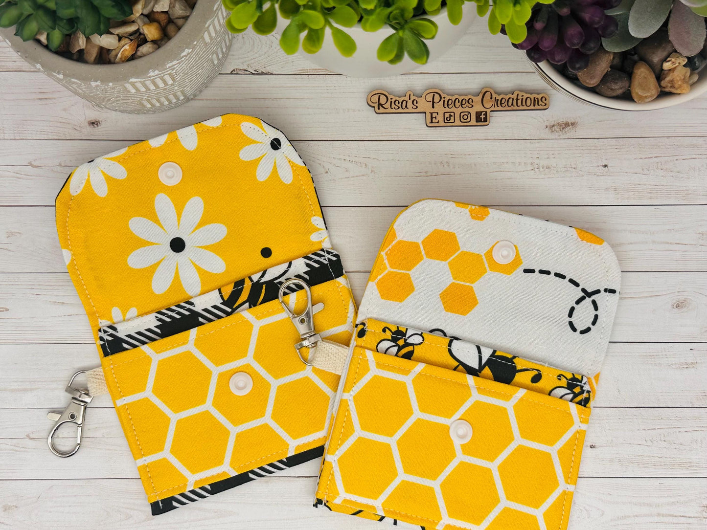 Bees and honeycomb mini keychain wallet, Clip on card wallet with pockets, lanyard coin purse for her, gift for daughter, stocking stuffers