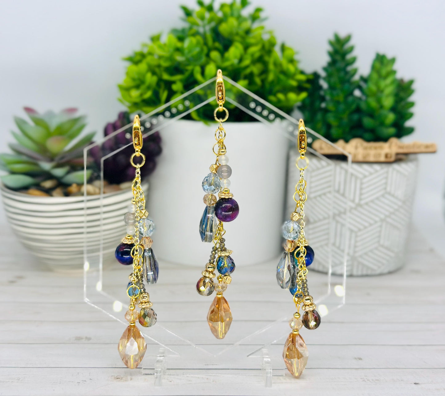 Blue Beaded Bag Charm, Handmade Agate Tigers Eye Keychain, Gold Plated Sparkly Purse Accessory, Phone Charm, Mothers Day Gift for Her