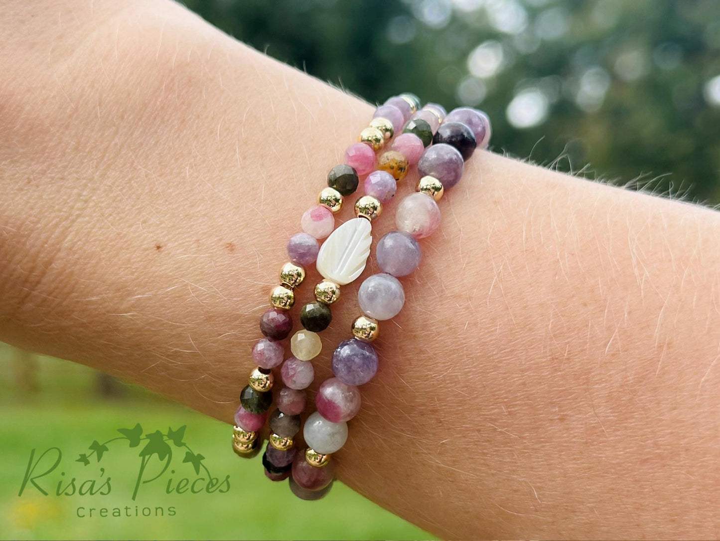 Tourmaline and Gold Gemstone Bracelet Set with Mother of Pearl Carved Leaf, Handmade Minimalist Gemstone Jewelry, Birthday Gift For Mom