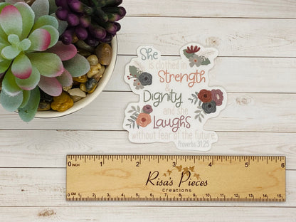 Clothed in Strength Sticker, Proverbs 31 sticker, Christian sticker, Gift for girls, Encouraging Gift for Friend, Inspirational gift for Mom