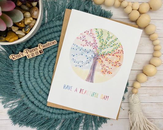 Linen Texture Watercolor Have a Beautiful Day Card, Greeting card, Blank Cards, Card for Friend, Tree of Life, Four Seasons Card