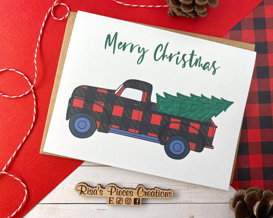 Linen Texture Red Plaid Truck, Christmas Card, Holiday Greeting, Seasonal Cards, Merry Christmas, Christmas Tree, Buffalo Plaid