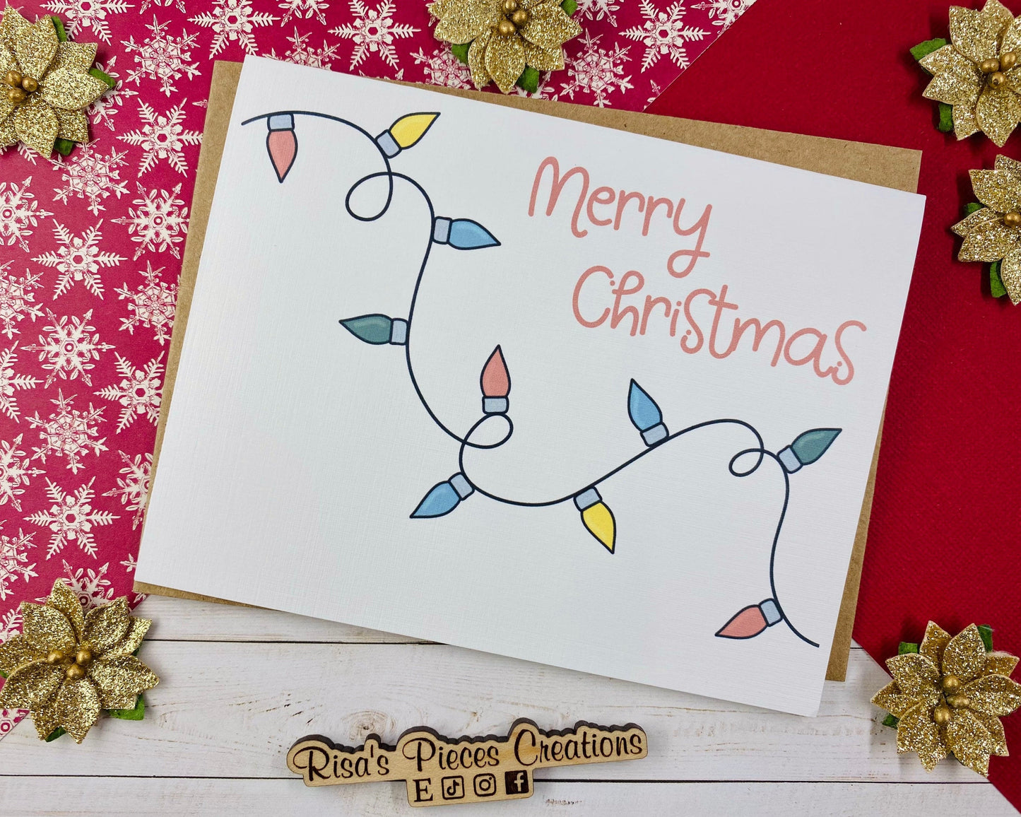 Linen Texture Christmas Lights Card, Christmas Card, Holiday Greeting, Seasonal Cards, Merry Christmas, Cute Christmas Card, Holiday Lights
