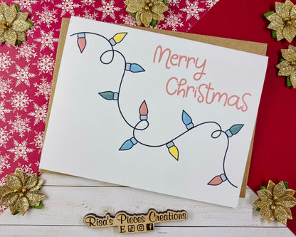 Linen Texture Christmas Lights Card, Christmas Card, Holiday Greeting, Seasonal Cards, Merry Christmas, Cute Christmas Card, Holiday Lights