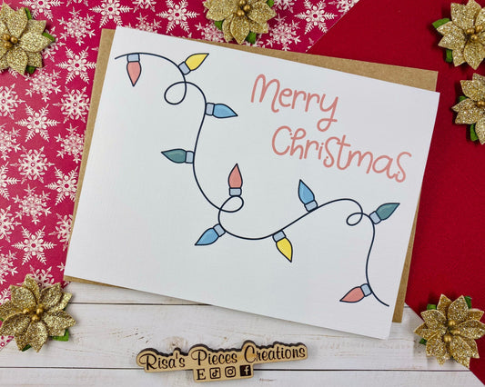 Linen Texture Christmas Lights Card, Christmas Card, Holiday Greeting, Seasonal Cards, Merry Christmas, Cute Christmas Card, Holiday Lights