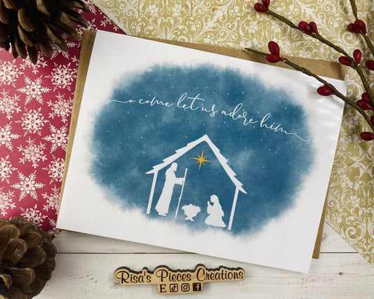 Glossy Nativity Card, Christmas Cards, Holiday Greeting, Oh Holy Night, Let Us Adore Him, Away In A Manger, Seasonal Cards