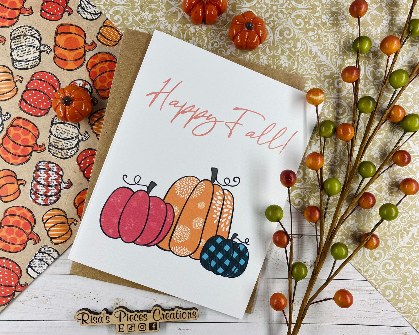 Linen Texture Pumpkin Trio Card, Plaid Pumpkin, Greeting card, Blank Cards, Autumn Card, Thanksgiving Card, Holiday Cards, Teal Pumpkin Card