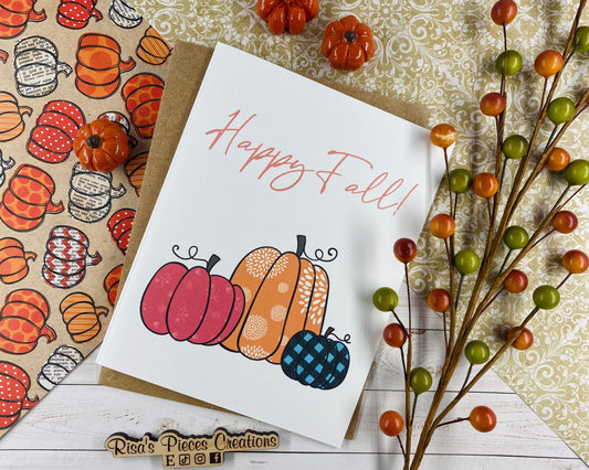 Linen Texture Pumpkin Trio Card, Plaid Pumpkin, Greeting card, Blank Cards, Autumn Card, Thanksgiving Card, Holiday Cards, Teal Pumpkin Card