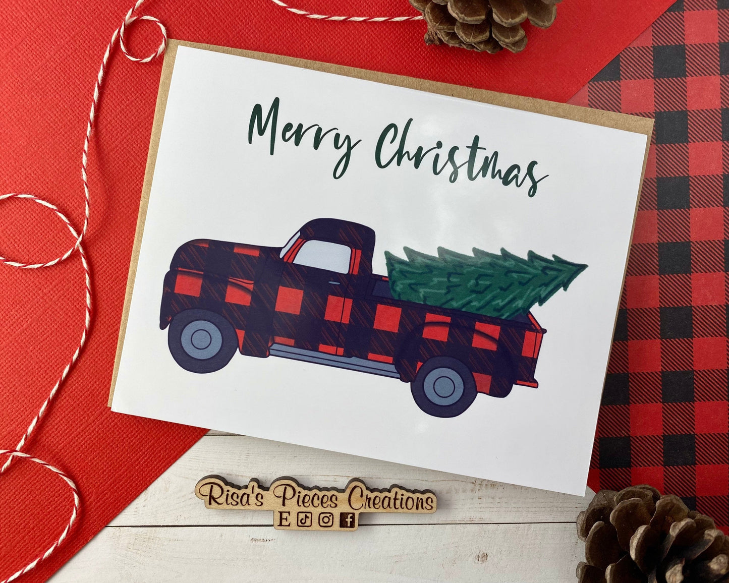 Glossy Red Plaid Truck, Christmas Card, Holiday Greeting, Seasonal Cards, Merry Christmas, Christmas Tree, Buffalo plaid