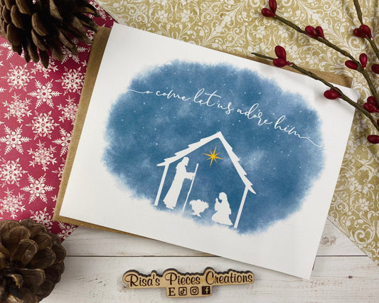 Linen Texture Nativity Card, Christmas Cards, Holiday Greeting, Oh Holy Night, Let Us Adore Him, Away In A Manger, Seasonal Cards