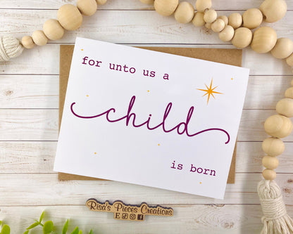 Handmade Christian Christmas Card: Unto Us A Child Is Born
