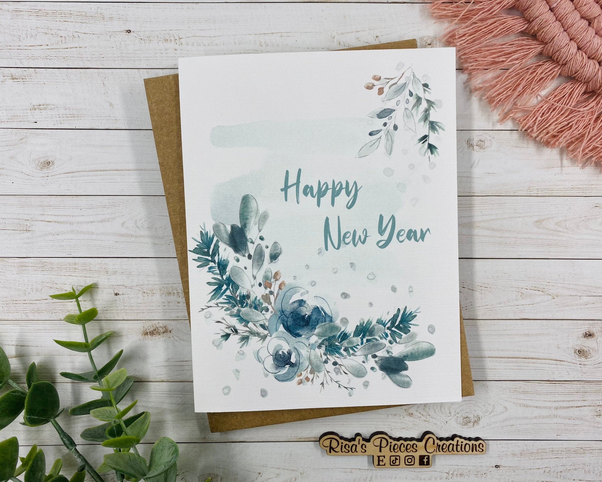 Happy New Year Card, Seasonal Cards, Handmade Card, Custom Cards, Bulk Cards, Vintage Card, Card for Friend, For Family, Floral Watercolor