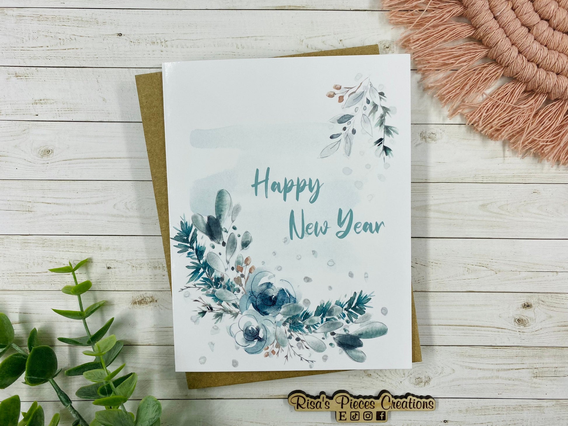 Happy New Year Card, Seasonal Cards, Handmade Card, Custom Cards, Bulk Cards, Vintage Card, Card for Friend, For Family, Floral Watercolor