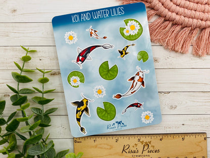 Koi Pond Sticker Sheet, Koi Stickers, Fish Sticker, Lily Pad Sticker Sheet, Journal Stickers, Scrapbooking Stickers, Water Lillies, Koi Fish