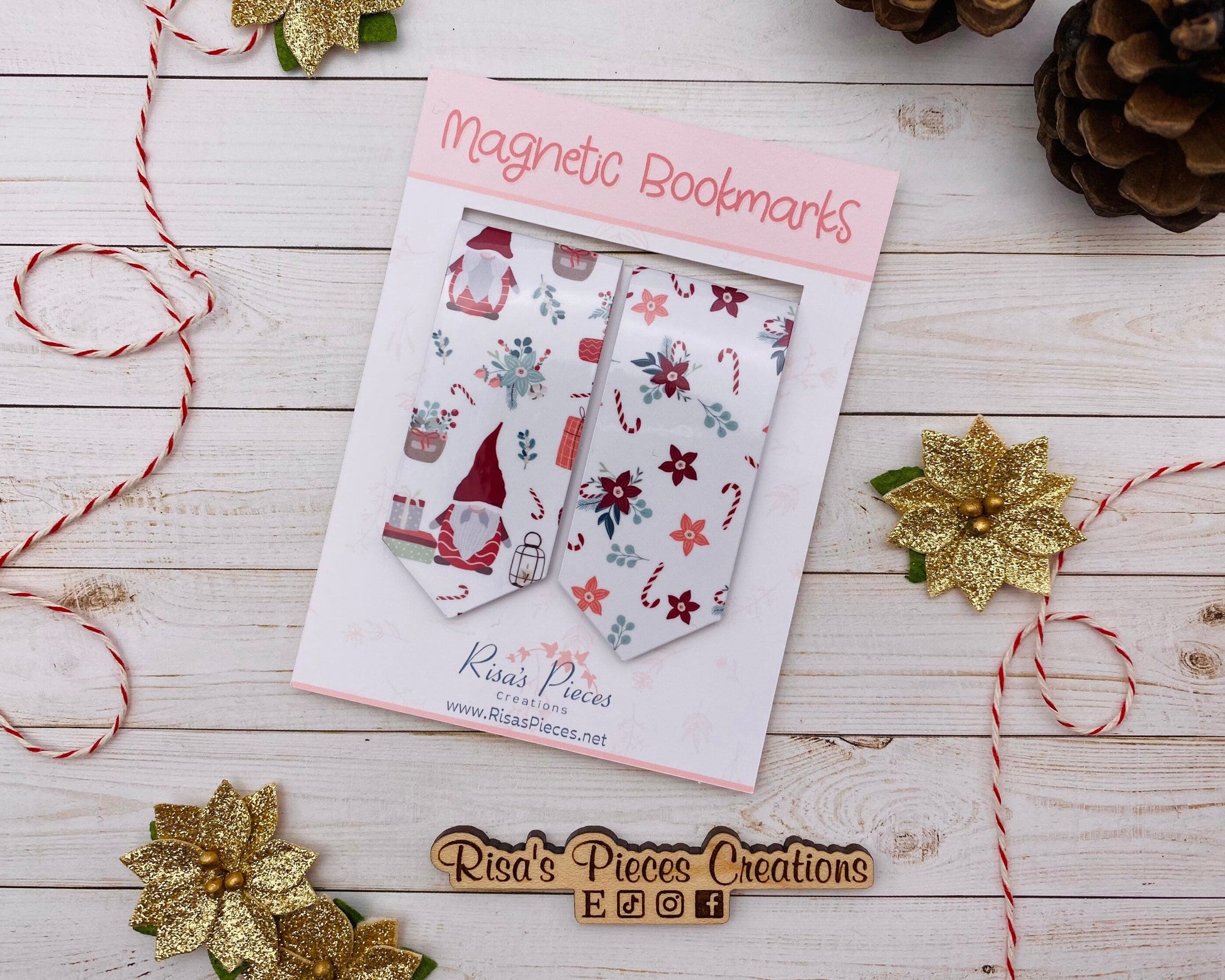 Gnomes and Poinsettias Magnetic Bookmarks, Stocking Stuffer for mom, Best friend christmas gift for her, secret santa winter gift for reader