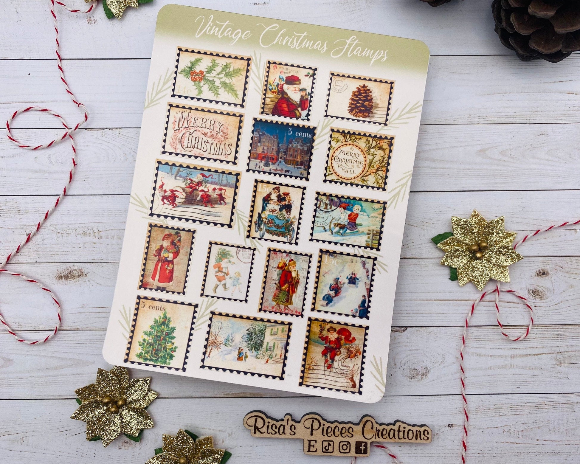 Vintage Christmas Stamps Sticker Sheet, Stocking Stuffers, Christmas Stickers for Scrapbook, for Christmas Cards, Holiday Stamps for Letters