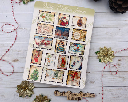 Vintage Christmas Stamps Sticker Sheet, Stocking Stuffers, Christmas Stickers for Scrapbook, for Christmas Cards, Holiday Stamps for Letters