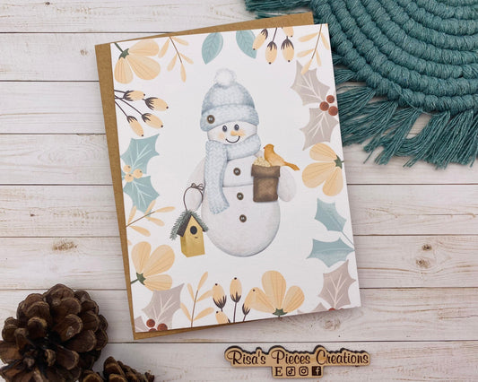 Snowman with Birdhouse Christmas Card, Handmade Christmas Card, Customizable Holiday Cards, Cute Christmas Card for Friends, for Kids, Snow