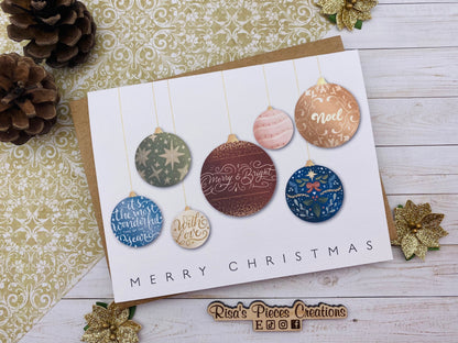 Merry Christmas With Ornaments, Handmade Christmas Card, Customizable Holiday Cards, Elegant Christmas Card for Friends, Christmas Cards Set