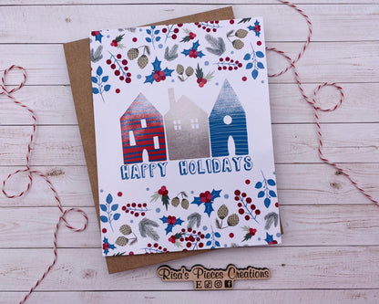 House Trio Happy Holidays Card, Scandinavian Holiday, Christmas Card for Friend, Cute Cards for Coworker, Nordic Christmas, Happy Holidays