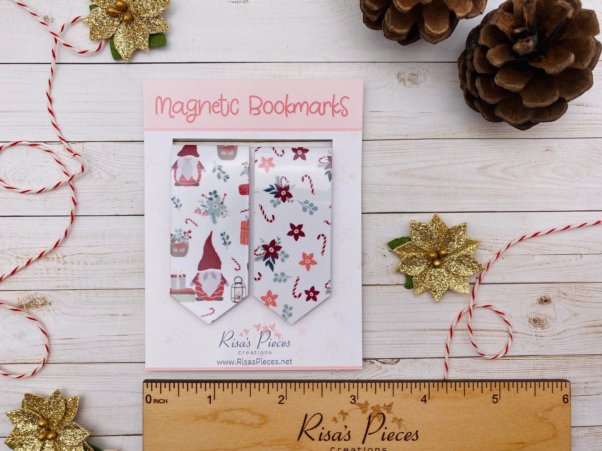 Gnomes and Poinsettias Magnetic Bookmarks, Stocking Stuffer for mom, Best friend christmas gift for her, secret santa winter gift for reader