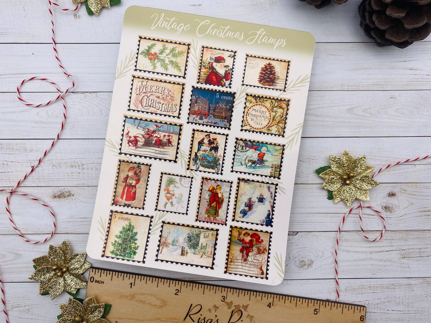 Vintage Christmas Stamps Sticker Sheet, Stocking Stuffers, Christmas Stickers for Scrapbook, for Christmas Cards, Holiday Stamps for Letters