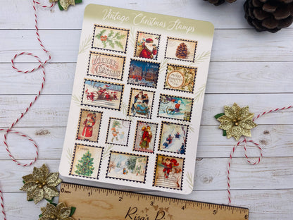 Vintage Christmas Stamps Sticker Sheet, Stocking Stuffers, Christmas Stickers for Scrapbook, for Christmas Cards, Holiday Stamps for Letters