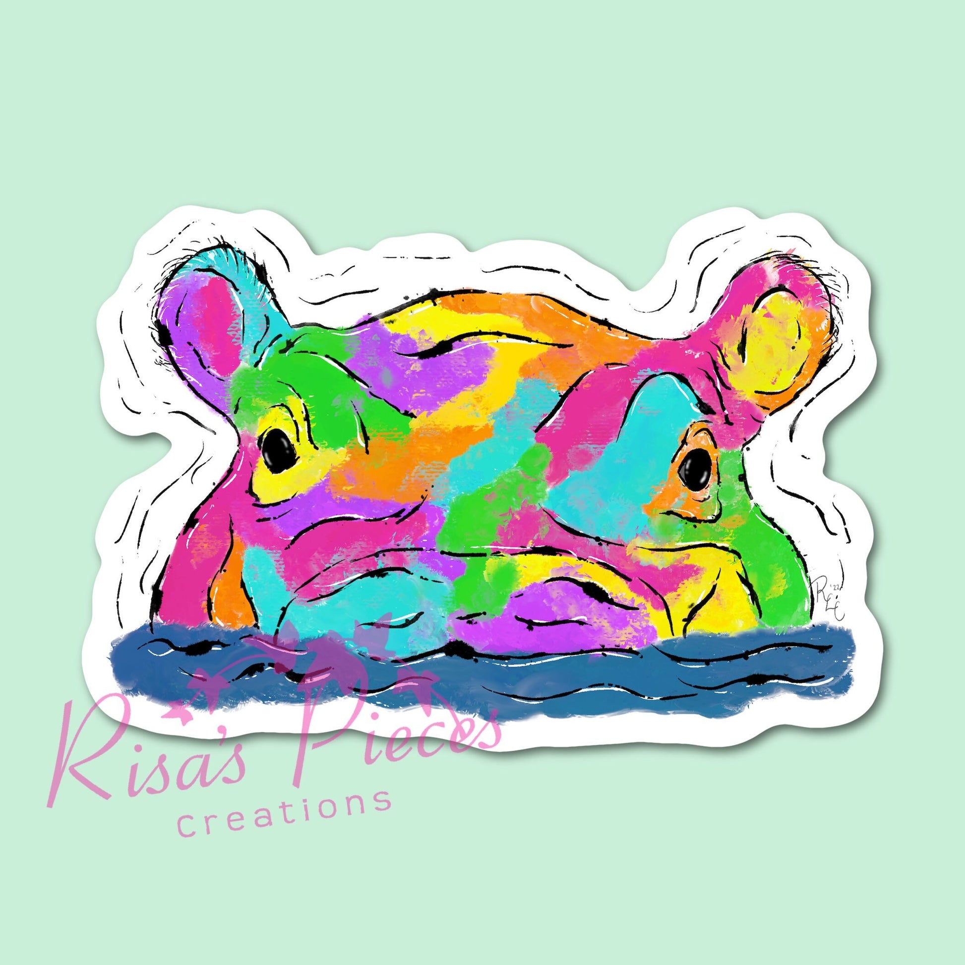 Rainbow Hippo Sticker, Neon Animal, Rainbow Animal Art, Safari Animal Sticker, Gift for Animal Lover, Painted Hippo, Best Friend Birthday