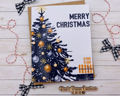 Modern Merry Christmas Card with Black Tree, Customizable Holiday Cards, Christmas Card for Friend, Classy Card for Coworker, For Family