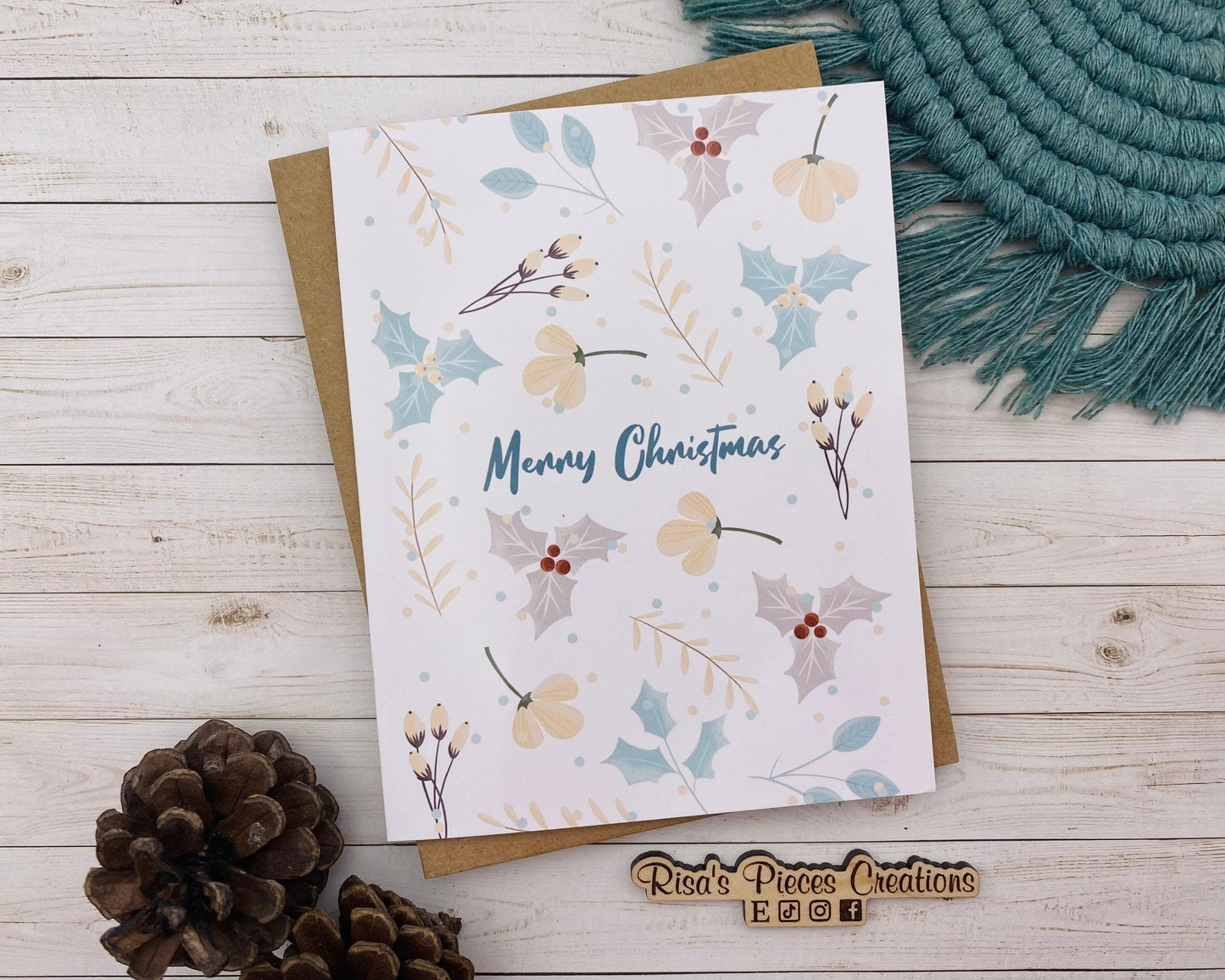 Teal and Cream Merry Christmas Card, Handmade Christmas Card, Customizable Holiday Cards, Cute Christmas Card for Friends, for Kids, Nordic