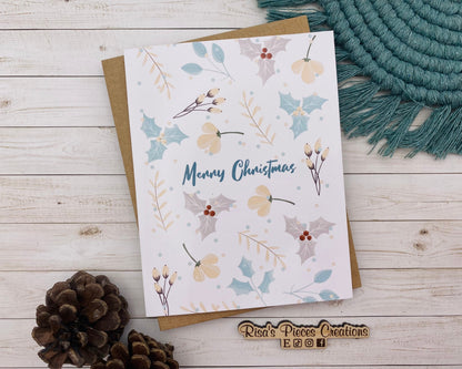 Teal and Cream Merry Christmas Card, Handmade Christmas Card, Customizable Holiday Cards, Cute Christmas Card for Friends, for Kids, Nordic
