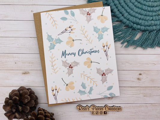 Teal and Cream Merry Christmas Card, Handmade Christmas Card, Customizable Holiday Cards, Cute Christmas Card for Friends, for Kids, Nordic