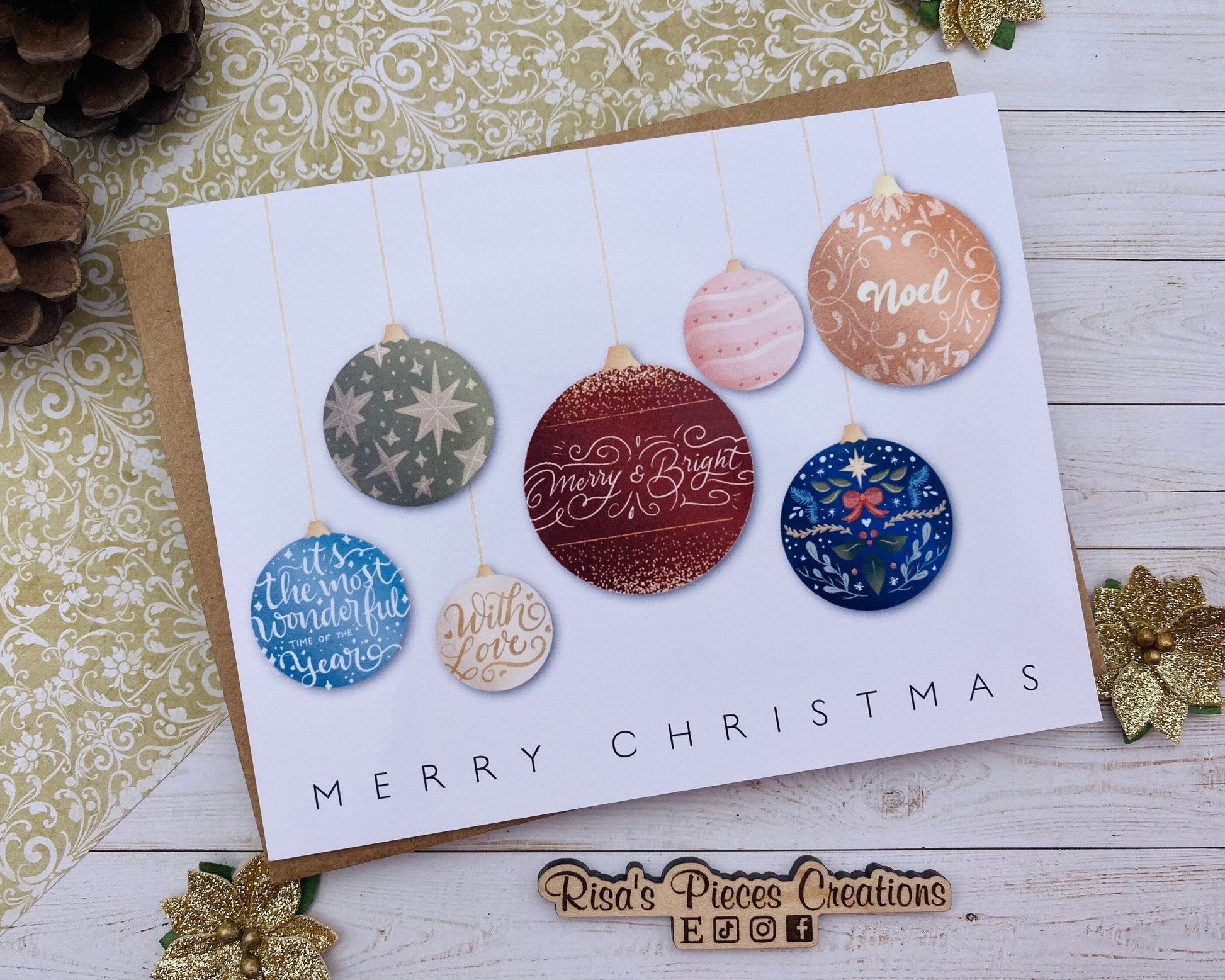 Merry Christmas With Ornaments, Handmade Christmas Card, Customizable Holiday Cards, Elegant Christmas Card for Friends, Christmas Cards Set