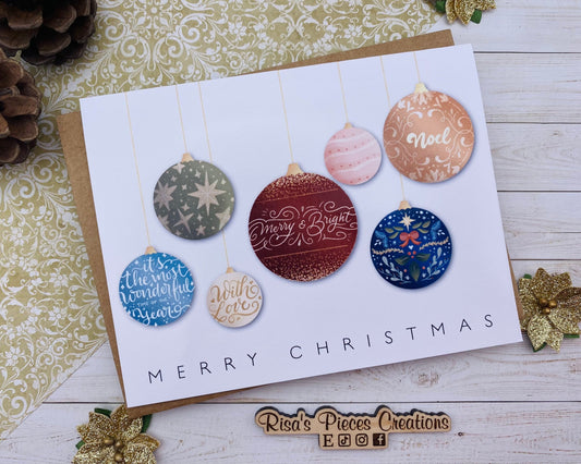Merry Christmas With Ornaments, Handmade Christmas Card, Customizable Holiday Cards, Elegant Christmas Card for Friends, Christmas Cards Set