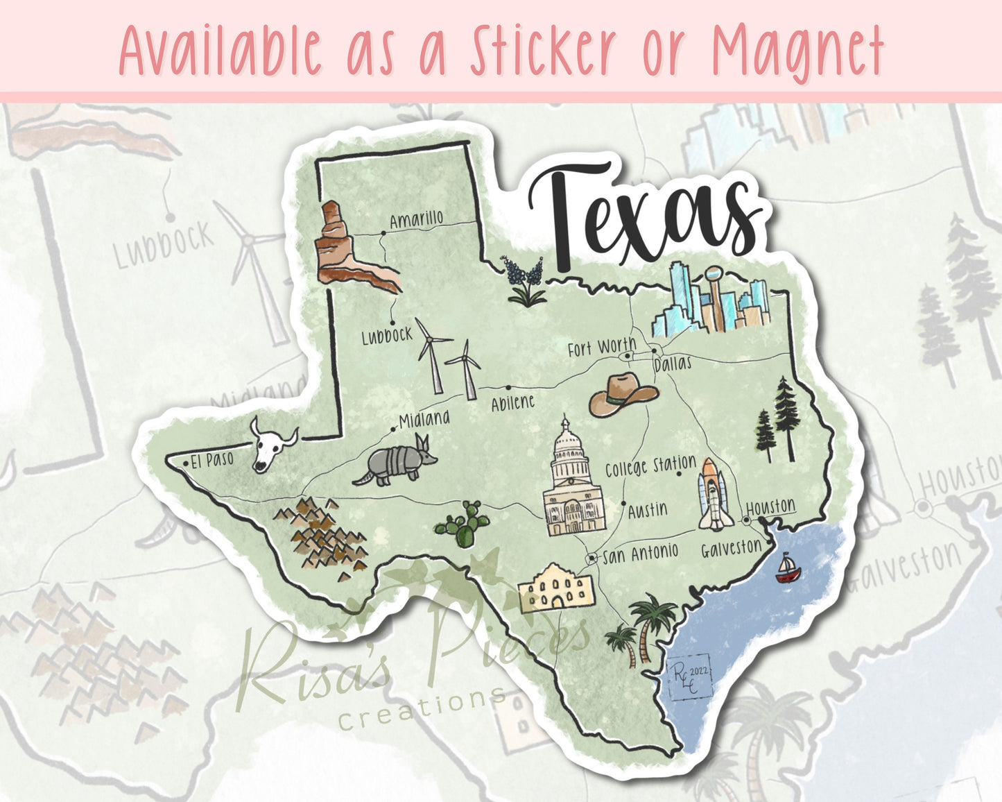 Texas Landmarks Sticker or Magnet, Gift for Texan, Map of Texas, Texas Cities Map, Texas Souvenir, Love From Texas, Travel Stickers for Her
