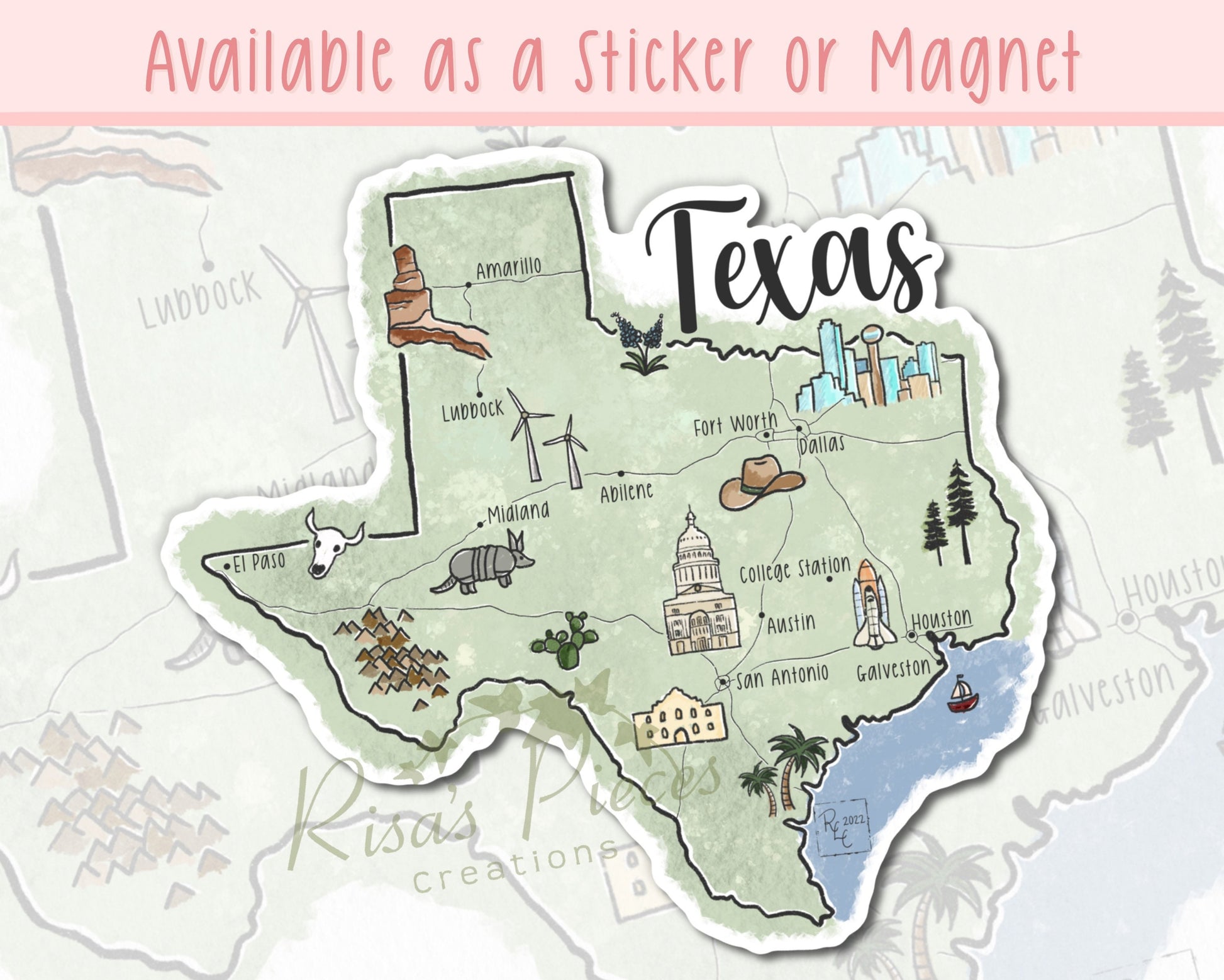 Texas Landmarks Sticker or Magnet, Gift for Texan, Map of Texas, Texas Cities Map, Texas Souvenir, Love From Texas, Travel Stickers for Her
