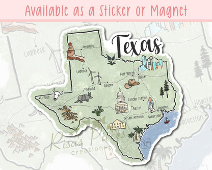 Texas Landmarks Sticker or Magnet, Gift for Texan, Map of Texas, Texas Cities Map, Texas Souvenir, Love From Texas, Travel Stickers for Her