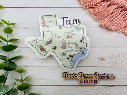 Texas Landmarks Sticker or Magnet, Gift for Texan, Map of Texas, Texas Cities Map, Texas Souvenir, Love From Texas, Travel Stickers for Her