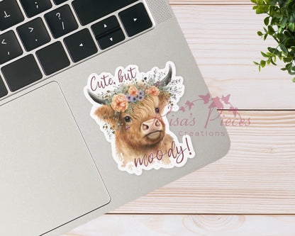Cute But Moody Highland Cow Sticker, Gift for Friend, Floral Crown, Punny Sticker Gift for Sister, Laptop Decal for Teen Girl, Country Girls