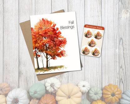 Glossy Fall Blessings Card set of 5 or 10 with Envelopes, Autumn Greeting Card for Friend, for Coworker, Hello Fall, Cute Thanksgiving Card