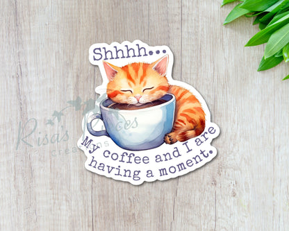 Cat and Coffee Sticker, Stocking Stuffer for Mom, Funny Cat Sticker for Coffee Lover, Secret Santa Gifts for Coworker, Cute Gift for Sister