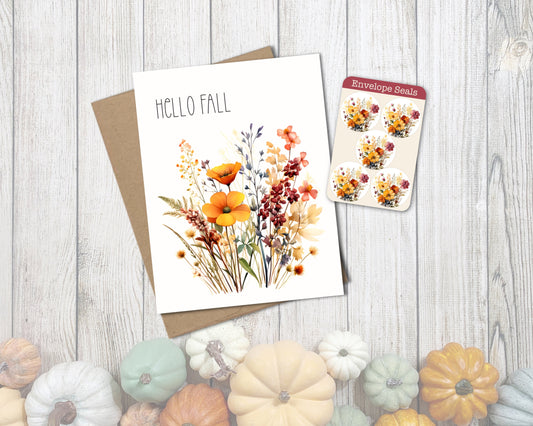 Hello Fall Floral Greeting Card with Kraft Envelope
