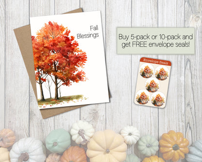 Glossy Fall Blessings Card set of 5 or 10 with Envelopes, Autumn Greeting Card for Friend, for Coworker, Hello Fall, Cute Thanksgiving Card
