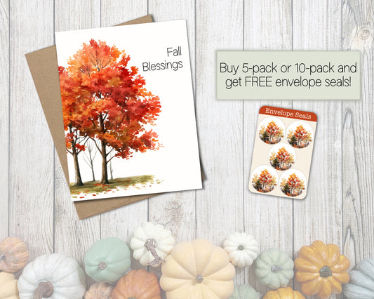 Glossy Fall Blessings Card set of 5 or 10 with Envelopes, Autumn Greeting Card for Friend, for Coworker, Hello Fall, Cute Thanksgiving Card