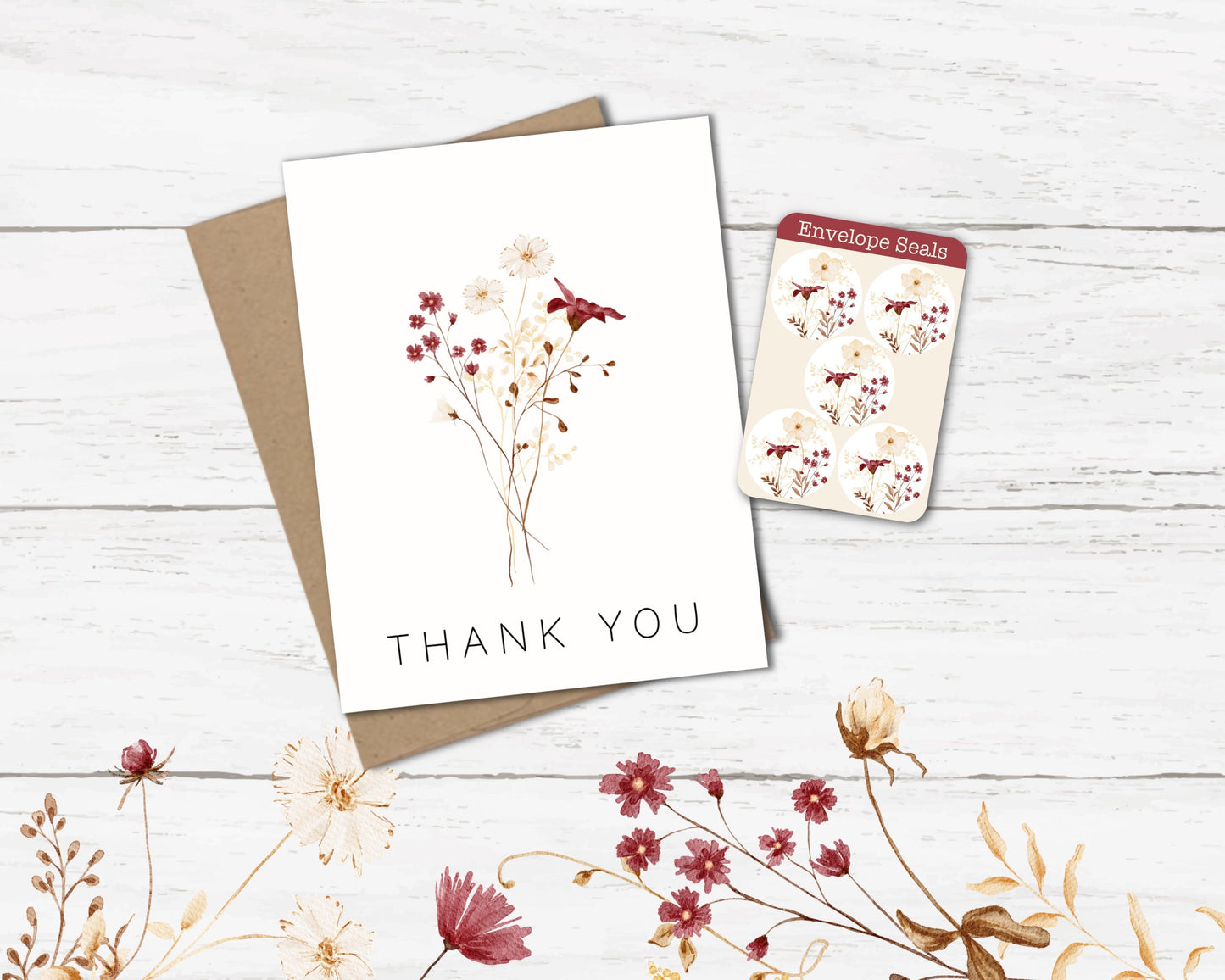 Glossy Floral Thank You Card set of 5 or 10 with Envelopes, for Friend, for Coworker, Fall Florals, Wedding Thank You Cards, Bulk Cards