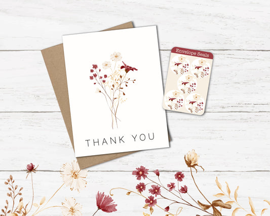 Glossy Floral Thank You Card set of 5 or 10 with Envelopes, for Friend, for Coworker, Fall Florals, Wedding Thank You Cards, Bulk Cards