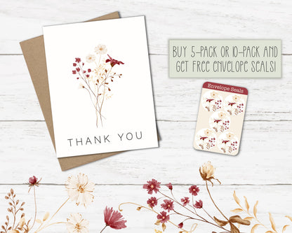 Glossy Floral Thank You Card set of 5 or 10 with Envelopes, for Friend, for Coworker, Fall Florals, Wedding Thank You Cards, Bulk Cards