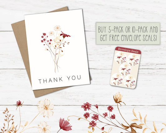Glossy Floral Thank You Card set of 5 or 10 with Envelopes, for Friend, for Coworker, Fall Florals, Wedding Thank You Cards, Bulk Cards