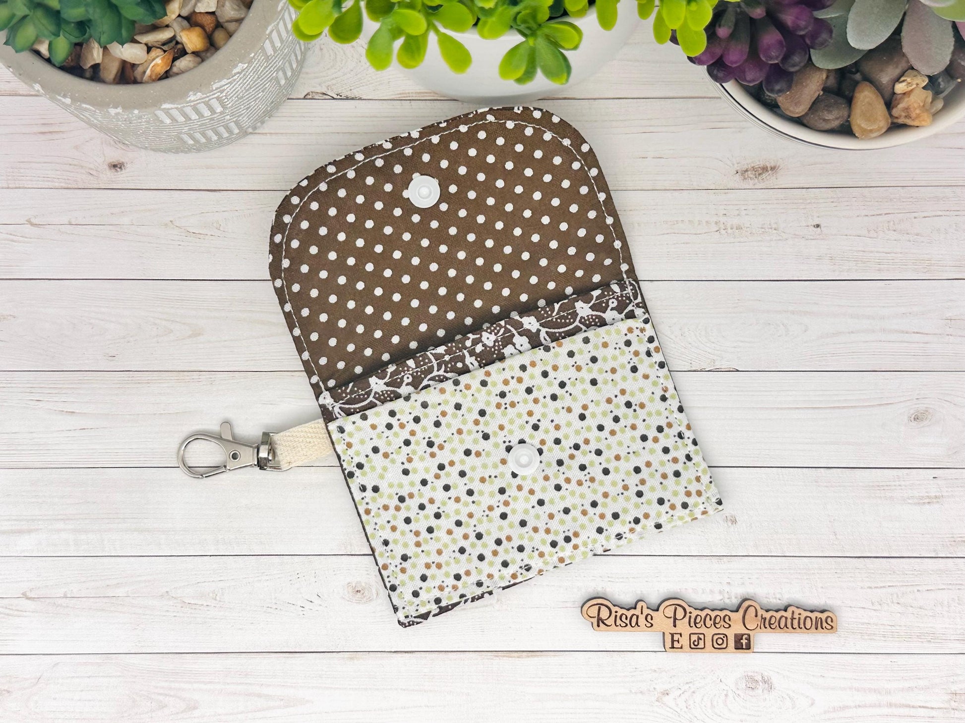 Brown Floral mini keychain wallet, Clip on card wallet with pockets, lanyard coin purse for her, gift for daughter, nurse stocking stuffers